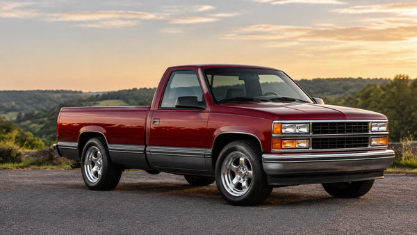 Glossy red GMT400 pickup with clean body lines, restrained brightwork, and a cohesive exterior finish