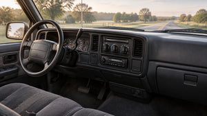 A quiet, period-inspired OBS pickup cab with analog gauges and tactile dashboard controls