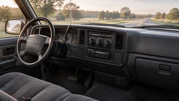 A quiet, period-inspired OBS pickup cab with analog gauges and tactile dashboard controls
