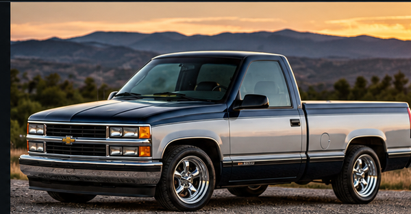 Two-tone GMT400 Chevy pickup at sunset