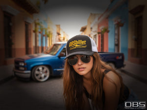 OBSBillet “Trucking Bolt” Snapback Hat – Black/White with Yellow Stitch