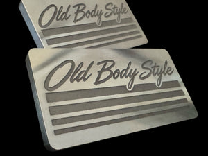 Machined Old Body Style Heritage 4-Line billet aluminum pillar emblems, matched pair with laser-marked script and four stripes
