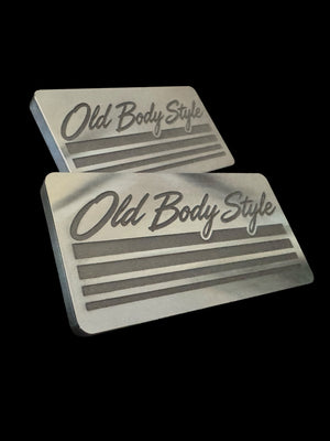 Machined Old Body Style Heritage 4-Line billet aluminum pillar emblems, matched pair with laser-marked script and four stripes